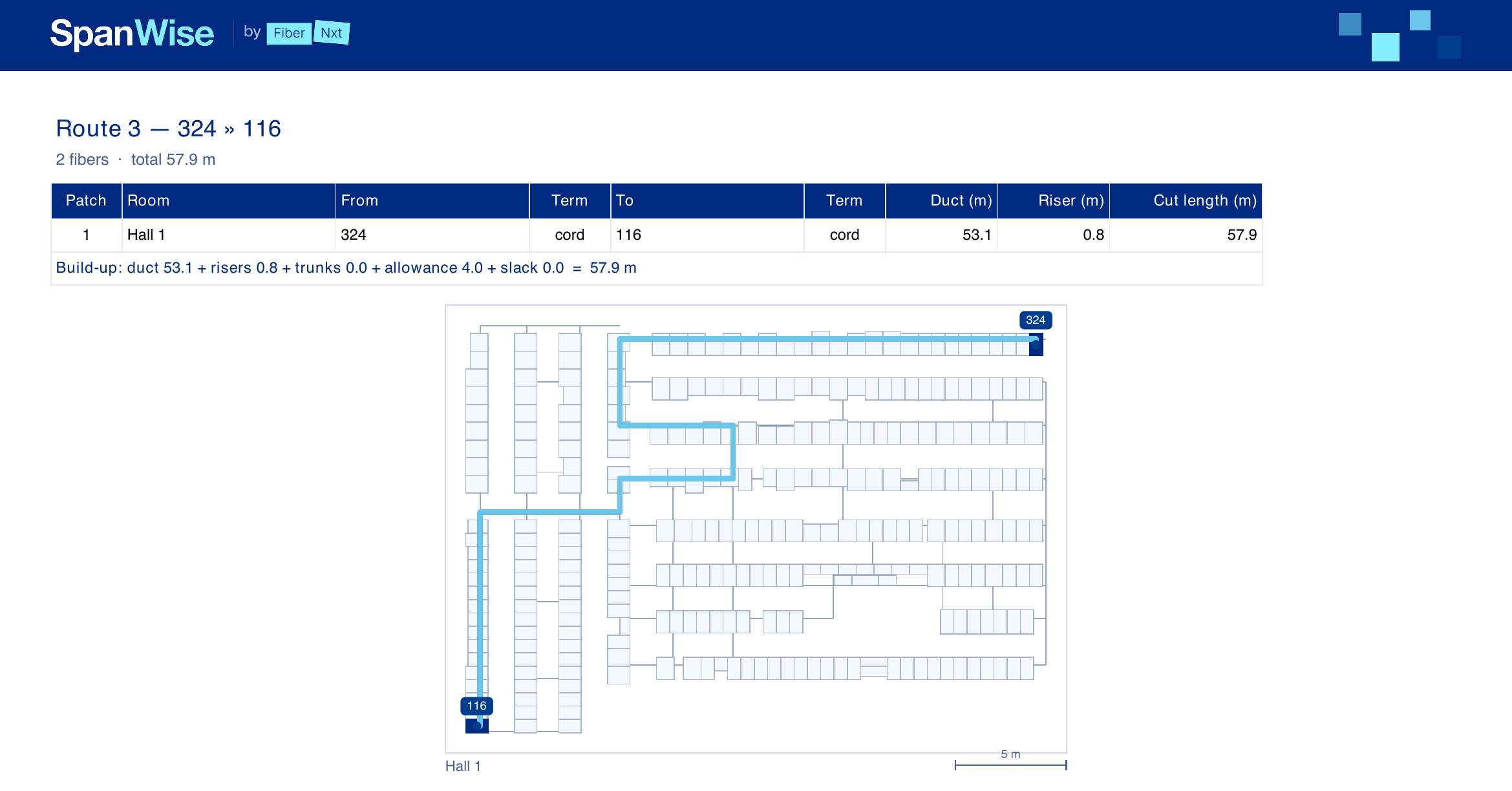 Route page from a SpanWise patch list PDF: floorplan of a datacenter hall with the route from rack 324 to rack 116 drawn in cyan along the cable ducts.